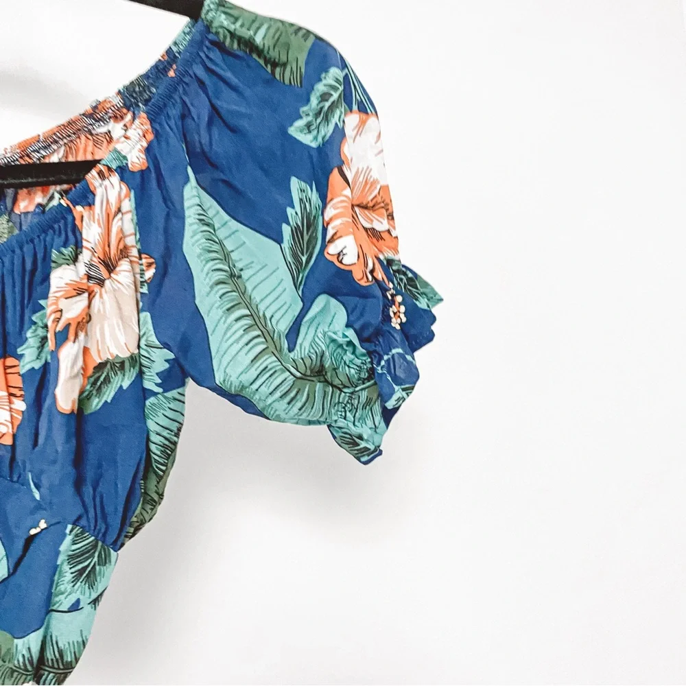 No Brand 100% Rayon Tropical Floral 2 Piece Crop Top Chic Skirt Set Blue‎